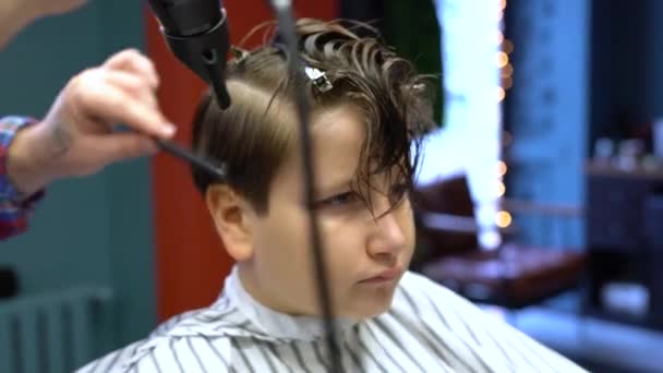 Hairdresser Cuts Hairs Scissors Boy Head Back View Stylist Hands — Stock Video