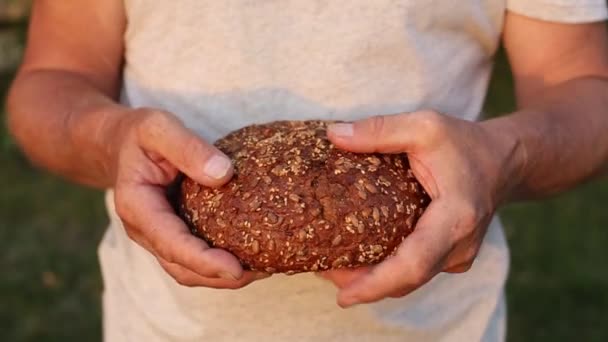 Schwarzbrot Den Händen Eines Alten Mannes — Stockvideo