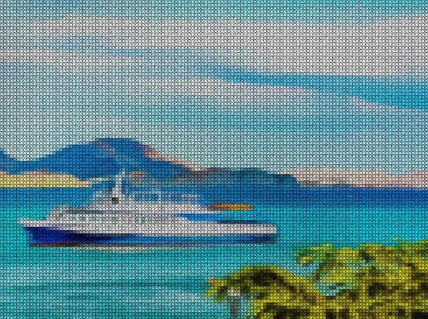 Illustration. Cross-stitch. Seascape, pleasure ship. Yacht in th