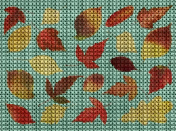 Illustration. The cross-stitch background of leaves. Set of autu