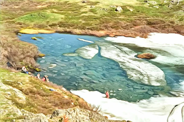 Drawing watercolor. Watercolor mountain landscape. Alpine landscape in early spring Karakol lakes Altai Mountains. Swimming in icy water. Digital painting-illustration.