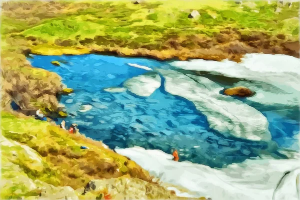 Drawing watercolor. Watercolor mountain landscape. Alpine landscape in early spring Karakol lakes Altai Mountains. Swimming in icy water. Digital painting-illustration.