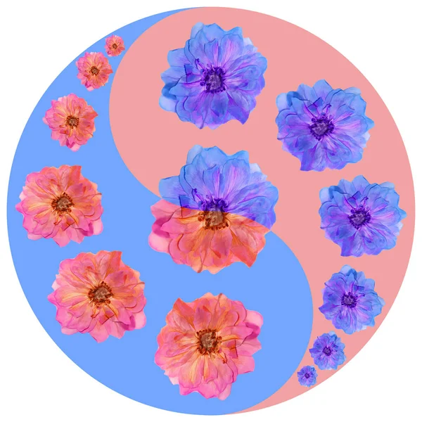 Floral symbol Yin-Yang. Briar. Geometric pattern of Yin-Yang symbol, from plants on colored background in Oriental style. Yin Yang symbol from flowers, petals. Flower illustration of mandala.