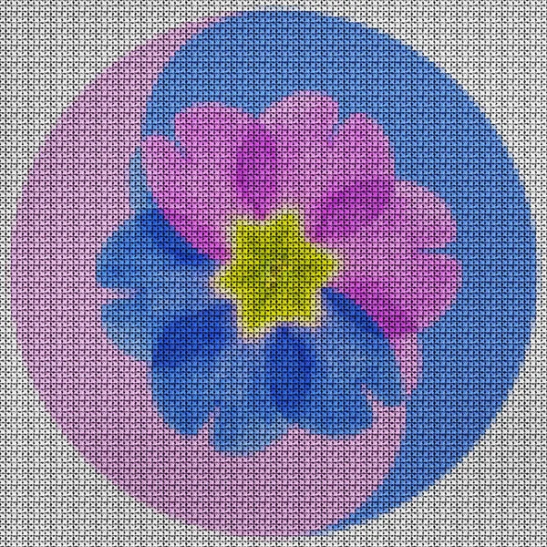 Illustration cross stitch mandala from flowers. Cross-stitch floral collage. Mandala - symbol of meditation, Buddhism, Hinduism, yoga. Geometric drawing made by plants in oriental style