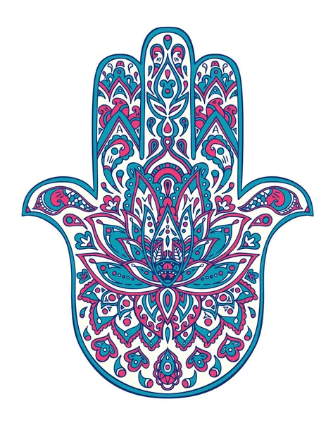 Vector Hamsa Símbolo Dibujado Mano Con Ornamentos Étnicos Florales Monocromáticos — Vector de stock