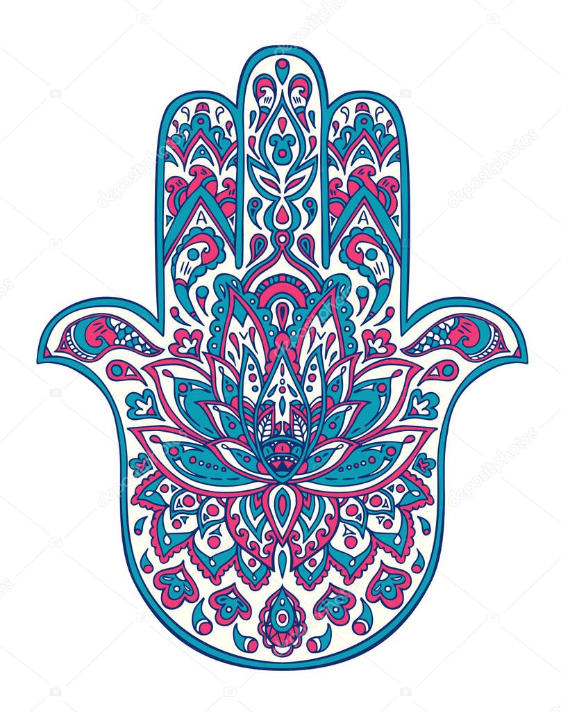Vector hamsa hand drawn symbol with ethnic floral monochrome ornaments Pink & Blue colors.