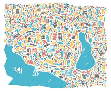 Şehir haritasının vektör çizimi. Çizgi film şehir haritası içeren vektör illüstrasyonu