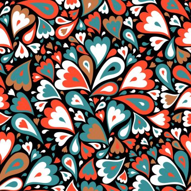 Şirin çiçekli, kusursuz bir şekil. Siyah arka planda parlak renkli çiçekler. Desen duvar kağıtları, web sayfası arkaplanları, tekstil tasarımı kullanılabilir.