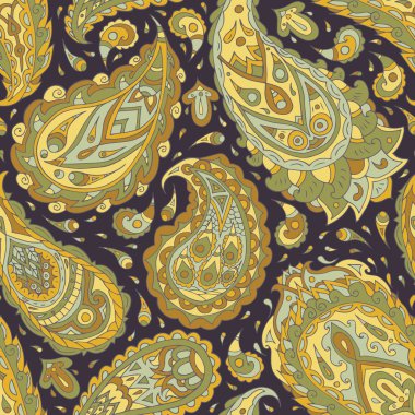 Fantezi çiçekli klasik çiçeksiz desen. Etnik süs. Folk tarzında dekoratif çiçekler. Geleneksel el işi. Vektör çizimi. Paisley el çizimi elementler