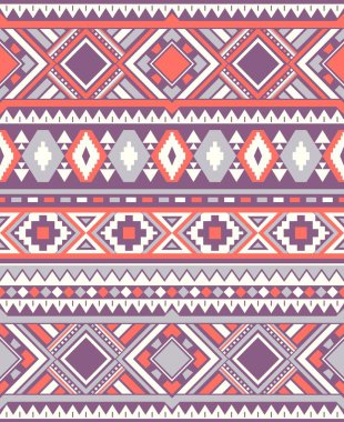 Kusursuz Etnik desenler. Turuncu ve Mor renkler. Navajo geometrik baskısı. Rustik dekoratif süs. Soyut geometrik desen. Amerikan Yerlisi modeli. Giysi tasarımı için süs