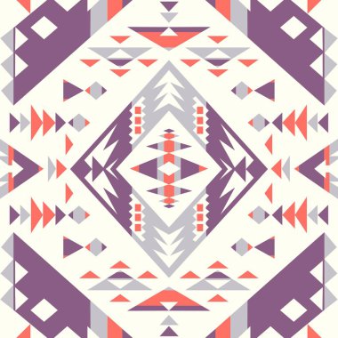 Kusursuz Etnik desenler. Turuncu ve Mor renkler. Navajo geometrik baskısı. Rustik dekoratif süs. Soyut geometrik desen. Amerikan Yerlisi modeli. Giysi tasarımı için süs