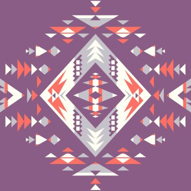 Kusursuz Etnik desenler. Turuncu ve Mor renkler. Navajo geometrik baskısı. Rustik dekoratif süs. Soyut geometrik desen. Amerikan Yerlisi modeli. Giysi tasarımı için süs