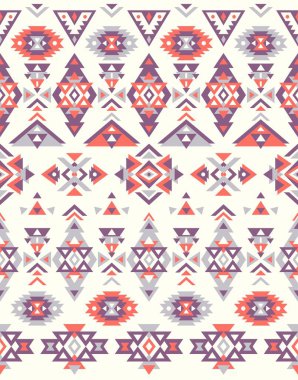 Kusursuz Etnik desenler. Turuncu ve Mor renkler. Navajo geometrik baskısı. Rustik dekoratif süs. Soyut geometrik desen. Amerikan Yerlisi modeli. Giysi tasarımı için süs