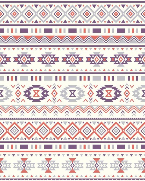 Бесшовные текстуры этнических узоров. Оранжевый и фиолетовый цвета. Геометрический отпечаток навахо. Деревенское декоративное украшение. Абстрактный геометрический шаблон. Коренная американская модель. Орнамент для дизайна одежды

