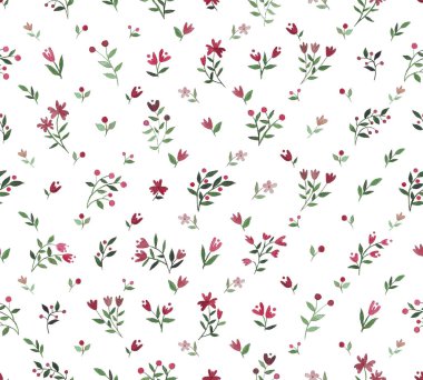 Suluboya çiçekli süs deseni. Beyaz arkaplanda kırmızı ve yeşil çiçekli pürüzsüz desen. 