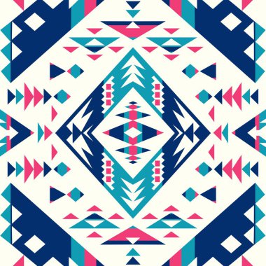 Kusursuz Etnik desenler. Soyut Navajo geometrik baskı. Rustik dekoratif süs. Yerli Amerikan deseni. Pembe ve Mavi renkler.