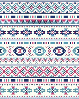 Kusursuz Etnik desenler. Soyut Navajo geometrik baskı. Rustik dekoratif süs. Yerli Amerikan deseni. Pembe ve Mavi renkler.
