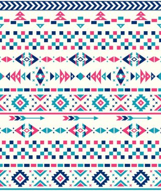 Kusursuz Etnik desenler. Soyut Navajo geometrik baskı. Rustik dekoratif süs. Yerli Amerikan deseni. Pembe ve Mavi renkler.