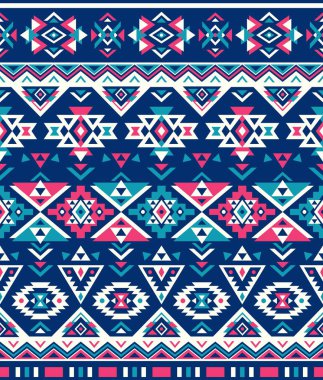 Kusursuz Etnik desenler. Soyut Navajo geometrik baskı. Rustik dekoratif süs. Yerli Amerikan deseni. Pembe ve Mavi renkler.
