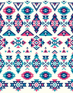 Kusursuz Etnik desenler. Soyut Navajo geometrik baskı. Rustik dekoratif süs. Yerli Amerikan deseni. Pembe ve Mavi renkler.