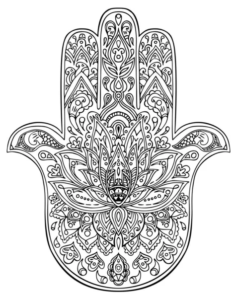 Vector Hamsa Símbolo Dibujado Mano Con Ornamentos Monocromáticos Florales Étnicos — Vector de stock