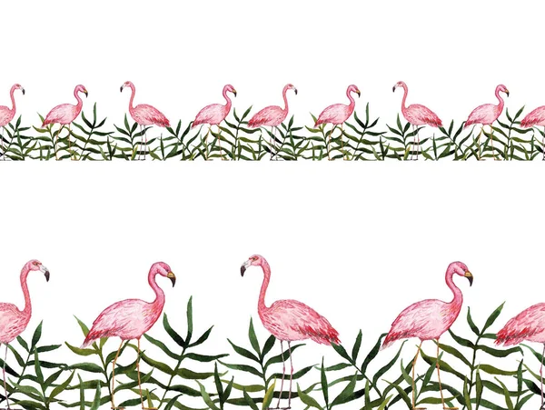 Bezešvé Okraje Akvarel Plameňáci Tropické Rostliny Ptáci Palmy Listy Akvarelu — Stock fotografie