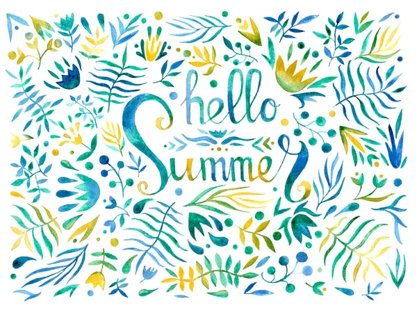 Hello Summer banner, poster template with spring flowers. Frame with contour green and blue leaves on white background. Watercolor painting for design with text.