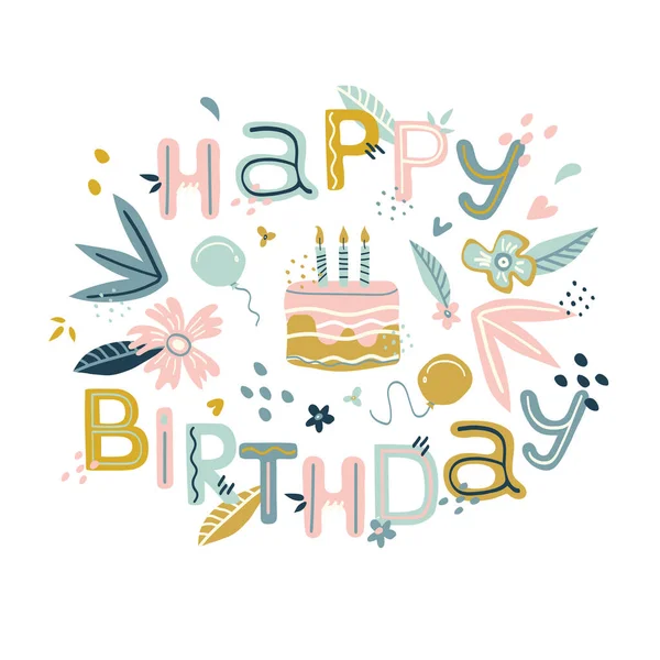 Happy Birthday Handgezeichnete Vektorschrift Doodle Floralen Hintergrund Und Handgemachte Text — Stockvektor