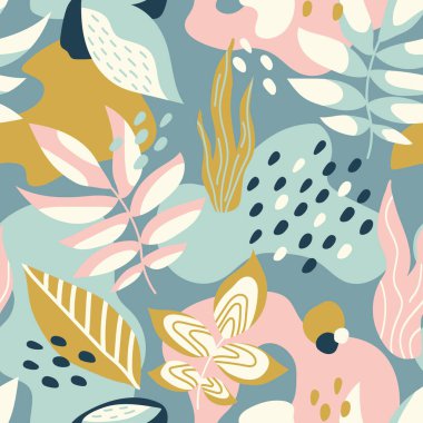 Tropikal yapraklı, soyut, pürüzsüz desen. Farklı yaprak, çizgi, nokta ve şekillerle çizilmiş vektör el dokusu. İskandinav tarzında yaratıcı evrensel sanatsal arka plan botanik tasarımı.