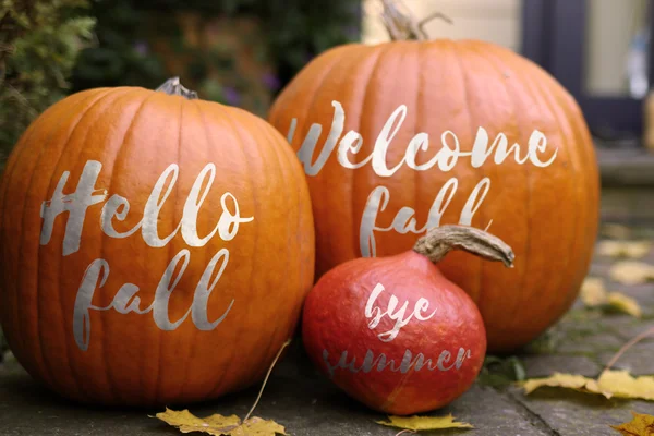 Welcome fall Pumpkins - in front of a house — Stock Photo, Image