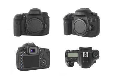 İzole Dslr profesyonel fotoğraf kamera gövdesinde dört farklı açılardan 