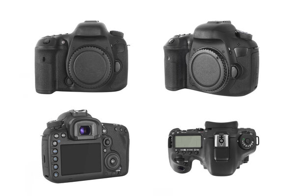 Изолированный профессиональный корпус фотокамеры DSLR под четырьмя разными углами
 