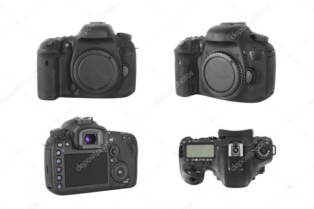 Isolated DSLR professional photo camera body in four different angles 