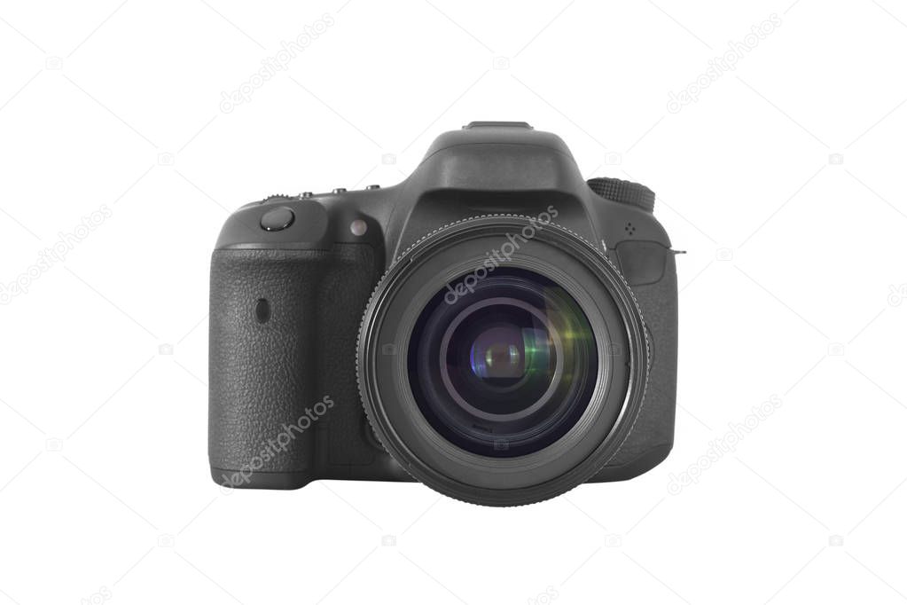 Isolated DSLR professional photo camera with a 35 mm lens 