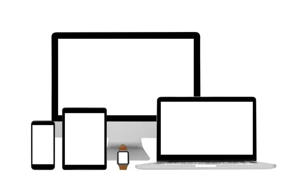 Dispositivos en blanco - Ordenador de escritorio, ordenador portátil, tableta, smartphone y smartwatch — Foto de Stock