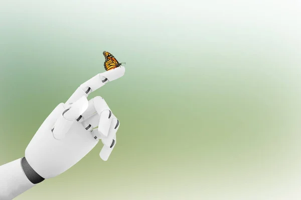 Mâna robotului cu un fluture pe deget — Fotografie, imagine de stoc