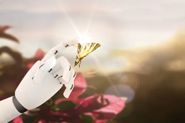 Robot hand med en fjäril på det finger — Stockfoto
