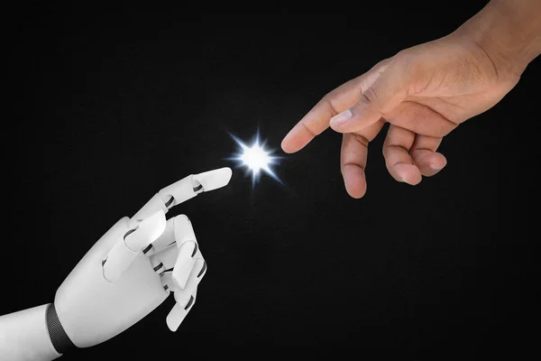 Mâini umane și robotizate - Inteligență artificială — Fotografie, imagine de stoc