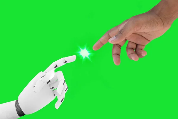 Mâinile umane și robotul ajung peste ecranul verde Fotografie de stoc
