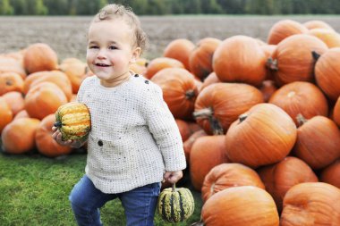 Mutlu çocuk Pumpkings kabak alanında malzeme çekme