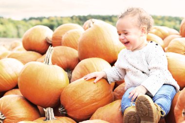 Mutlu çocuk Pumpkings kabak alanında malzeme çekme