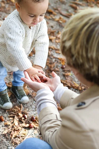 Famiglia giocare fuori in autunno Madre e figlio — Foto Stock