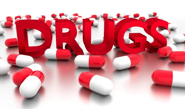 Cápsulas Medicação Torno Drogas Texto — Fotografia de Stock