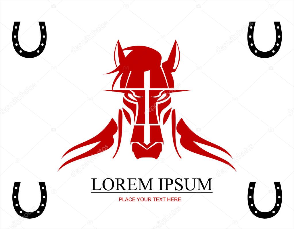 Red wild horse head. combine with text and horseshoe icon.