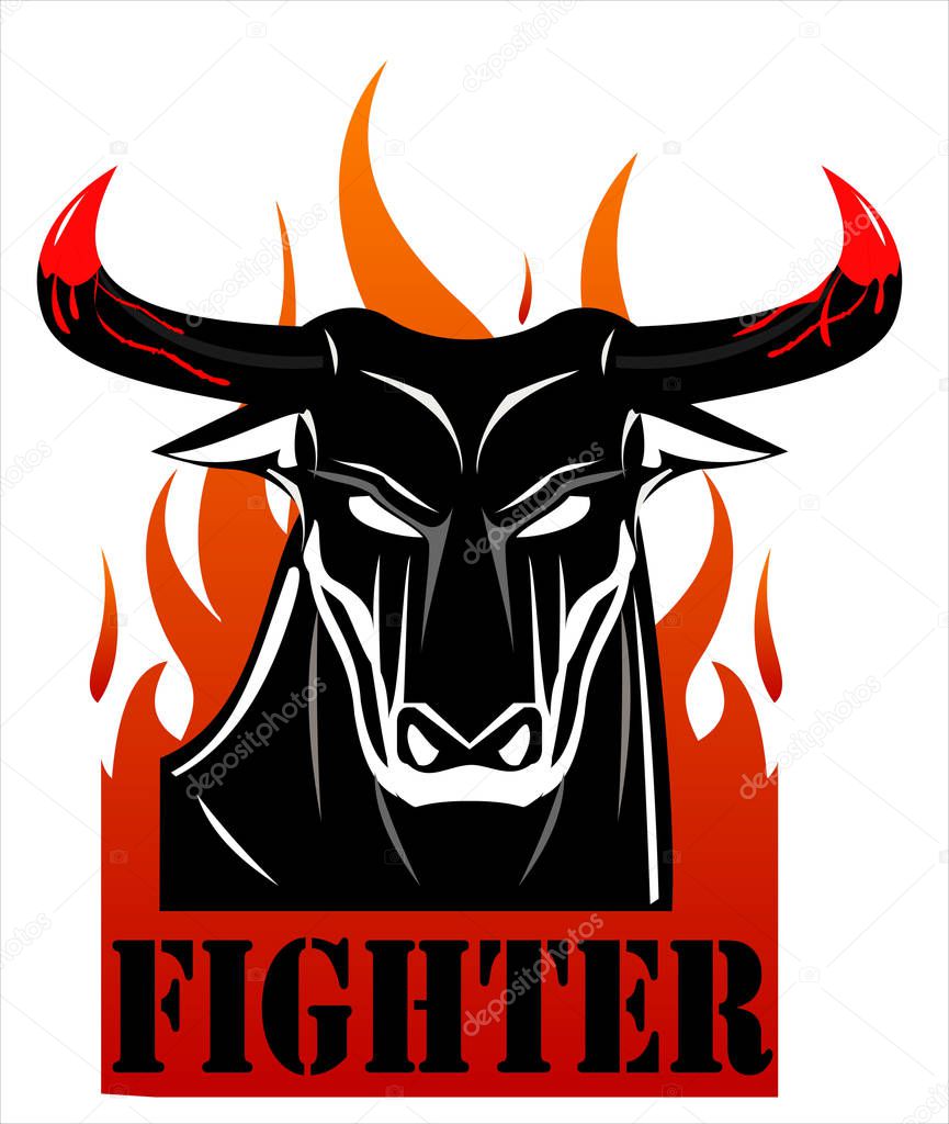 Raging Black Bull Fighter Over the Fire . Text placed in separated layer. - vector illustration