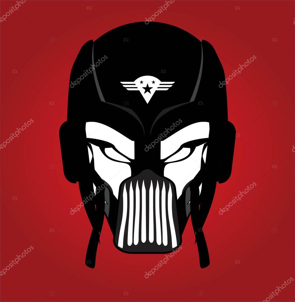 Black Mask. Racer. Rider. Pilot. Superhero. Villain. Artwork. Warrior Mascot. Warrior Head. Suitable for team identity, insignia, emblem, mascot, sport team icon, apparel, biker community, etc .