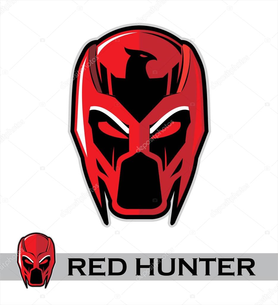 Superhero head in the flat red color. racing helmet. action figure. Fantasy. vector illustration. Superhero head illustration compose with text.