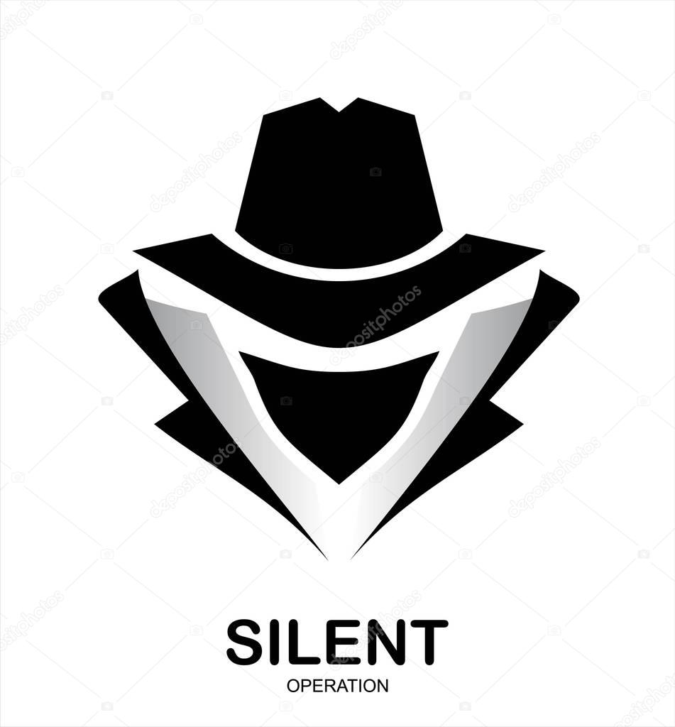 Mysterious man in black suit with the mask on white background.