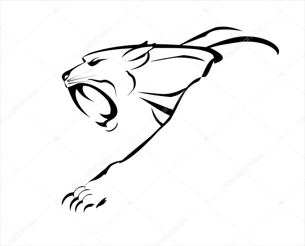 Fang face big cat, roaring and crawling. black illustration on white background.