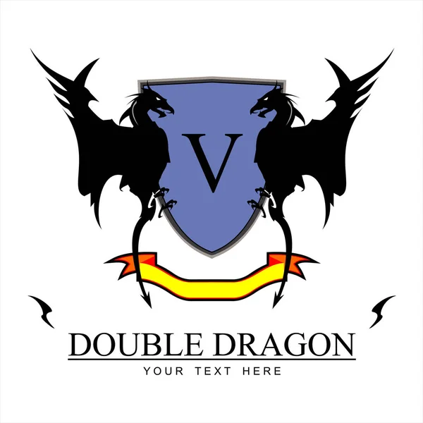 Dragones negros gemelos, escudo azul y cinta amarilla en la parte inferior — Vector de stock